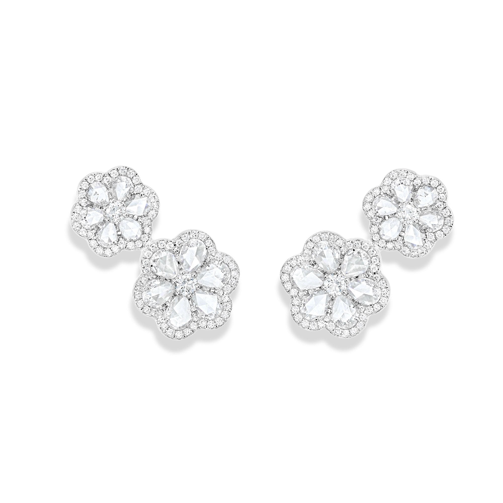 Image of 64facets Diamond Stud Earrings with two diamond flowers made of rose cut diamonds and 18k gold